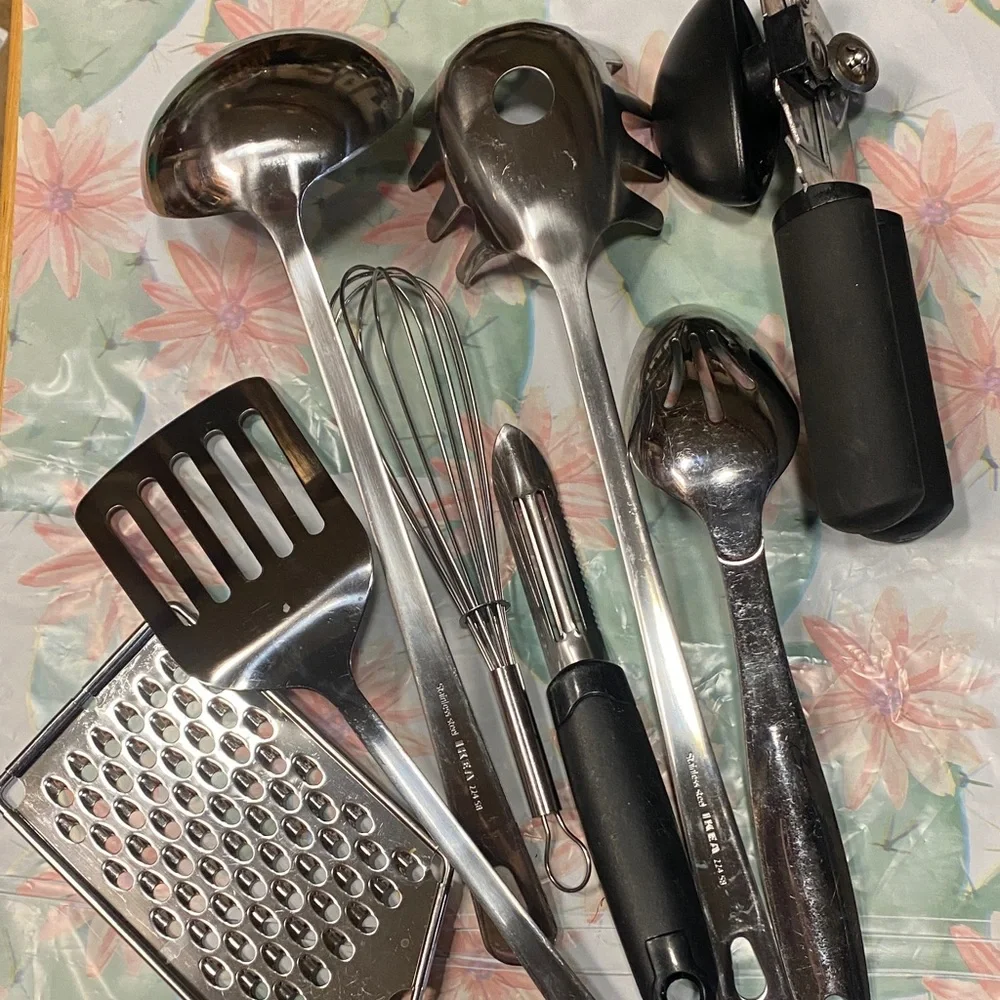Elegant Silver and Black Kitchen Utensil Set Whisk Spatula Grater Can Opener